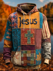 Men's Retro Casual Faith Cross Art Print Oversized Drop-Shoulder Pockets Hoodie