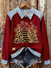 Women's Leopard Christmas Tree Printed Long Sleeve Shirt