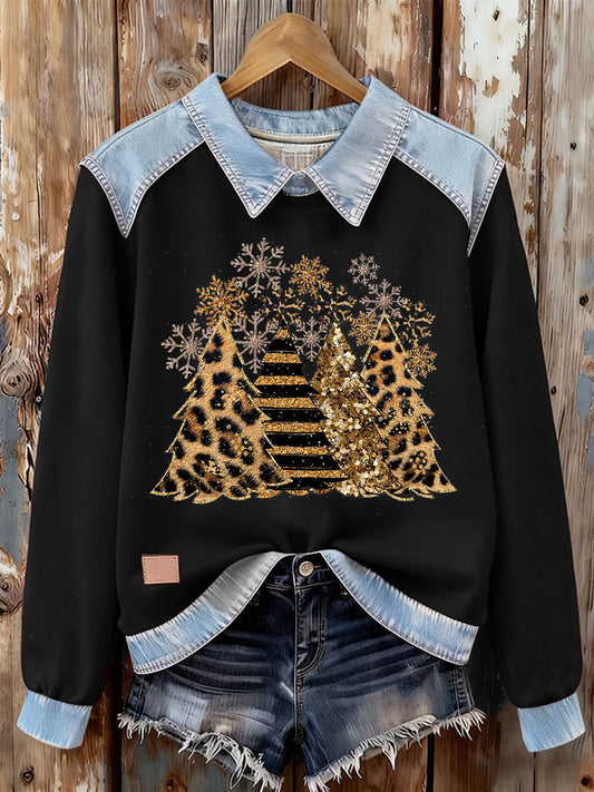 Women's Leopard Christmas Tree Printed Long Sleeve Shirt