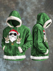 Men's Christmas Rock Santa Claus Print Casual Plush Hoodie