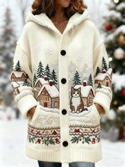 Women's Vintage Christmas Cute Cat Snow Scene Print Casual Mid-Length Hooded Cardigan