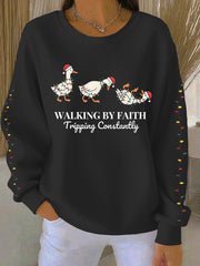 Women's Funny Christmas Goose Walking By Faith Tripping Constantly Ribbed Round-Neck Sweatshirt