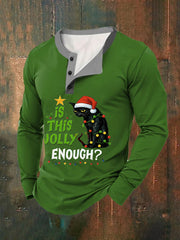 Men's Funny Christmas Black Cat Is This Jolly Enough?Casual Long-Sleeve T-Shirt