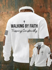 Men's Faith Cross Walking by Faith Tripping Constantly Print Zipper Fur Collar Sweatshirt