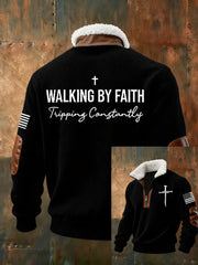 Men's Faith Cross Walking by Faith Tripping Constantly Print Zipper Fur Collar Sweatshirt