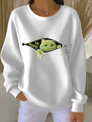 Women's EW People Green Cat Ribbed Round-Neck Sweatshirt