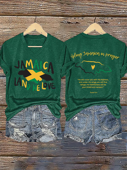 Women'sHurricane Melissa Jamaica Stronger Than The Storm Pray For Jamaica V-Neck Tee