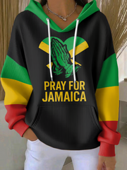 Women's Retro Pray For Jamaica Jamaica Strong Cross Reggae Red, Green, And Gold Print Hoodie