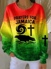 Women's Retro Prayers For Jamaica Hurricane Melissa Jamaica Strong Cross Reggae Red, Green, And Gold Print Sweatshirt