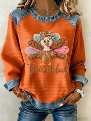 Women's Thanksgiving Turkey Printed Denim Patchwork Waffle Top