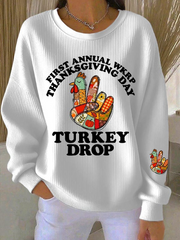 Women's Thanksgiving Turkey Print Casual Ribbed Round-Neck Sweatshirt