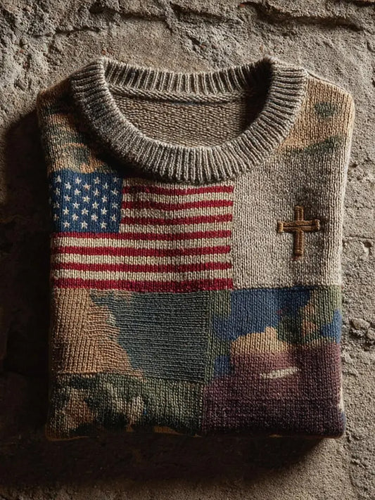 Men's Faith Cross America Flag Printed Sweater