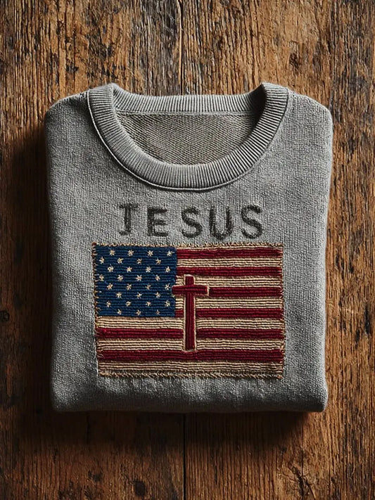 Men's Jesus Cross America Flag Printed Sweater