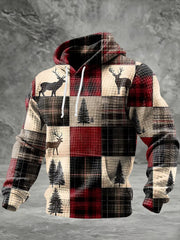 Men's Vintage Christmas Patchwork Printed Checkered Cotton Hoodie