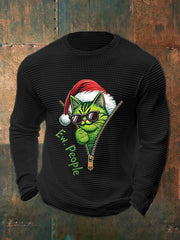Men's Funny Christmas Grinch Cat Print Casual Waffle Long Sleeve Top