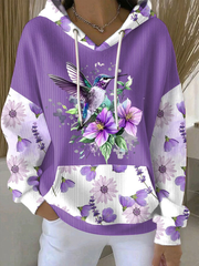 Women's Casual Purple Hummingbird Textured Hoodie
