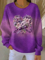 Women's Purple Gradient Floral Print Ribbed Round-Neck Sweatshirt