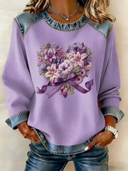 Women's Casual Retro Purple Floral Waffle Top