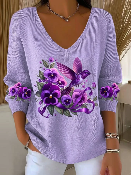 Women's Casual Alzheimer's Awareness Purple Hummingbird Print V-Neck Ribbed Top