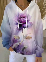 Women's Vintage Purple Floral Art Print Casual Hoodie