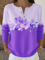 Women's Purple Floral Print Knit Button-Up Top