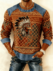 Men's Vintage Western Denim Patchwork Printed Sweatshirt