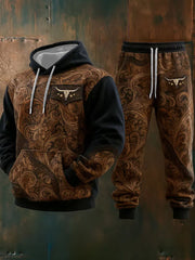 Men's Western Style Bull Art Print Casual Hooded Trousers Two-Piece Set