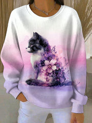 Women's Purple Cat Floral Print Casual Sweatshirt