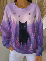 Women's Purple Cat Floral Print Casual Sweatshirt