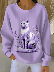 Women's Purple Cat Floral Print Casual Sweatshirt