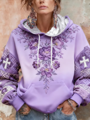 Women's Purple Floral Cross Print Casual Hoodie