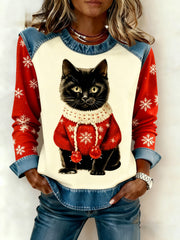 Women's Vintage Christmas Cat Denim Patchwork Sweatshirt