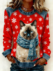 Women's Vintage Christmas Cat Denim Patchwork Sweatshirt