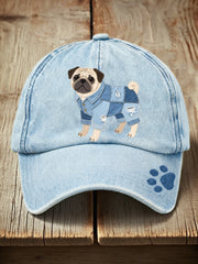 Unisex Denim Patchwork Art Pug Pattern Washed Hat