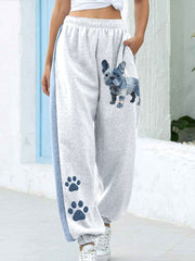 Women's Denim Patchwork Art French Bulldog Pattern Pants