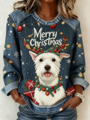 Women's Christmas Cute Dog Denim Patchwork Top