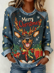 Women's Christmas Cute Dog Denim Patchwork Top
