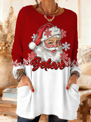 Women's Christmas Believe Snowflake Print Casual Mid-Length Long-Sleeved t Top