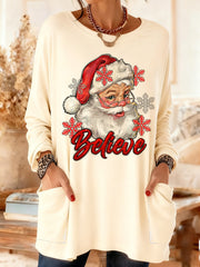 Women's Christmas Believe Snowflake Print Casual Mid-Length Long-Sleeved t Top