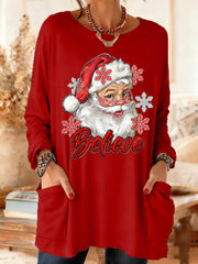 Women's Christmas Believe Snowflake Print Casual Mid-Length Long-Sleeved t Top