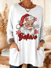 Women's Christmas Believe Snowflake Print Casual Mid-Length Long-Sleeved t Top