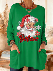 Women's Christmas Believe Snowflake Print Casual Mid-Length Long-Sleeved t Top