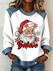Women's Christmas Believe Santa Claus Print Casual Denim Patchwork Top
