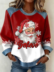 Women's Christmas Believe Santa Claus Print Casual Denim Patchwork Top