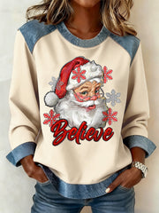 Women's Christmas Believe Santa Claus Print Casual Denim Patchwork Top
