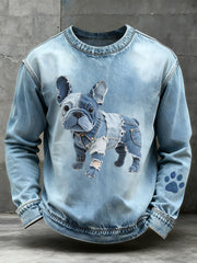 Men's Denim Patchwork Art French Bulldog Pattern Sweatshirt