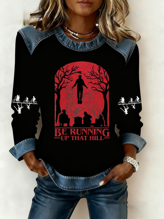 Women's Stranger Things Be Running Up That Hill Denim Patchwork Sweatshirt