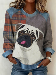 Women's Retro Dog Print Dog Mom Dog Lovers Gift Denim Patchwork Top