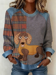 Women's Retro Dachshund Print Dog Mom Dog Lovers Gift Denim Patchwork Top