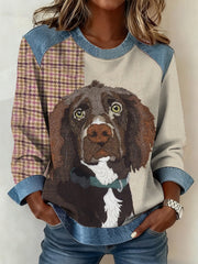 Women's Retro Dog Print Dog Mom Dog Lovers Gift Denim Patchwork Top